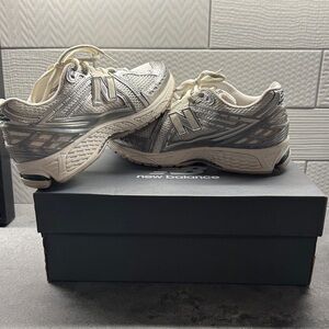 New Balance Metallic Silver and Cream Running Shoes